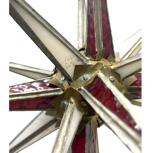 Brutalist Handmade Stained Glass Moravian Star Large Red white signed 1975 R Roy - Picture 3 of 6